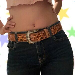 Brown leather sunflower belt with silver buckle